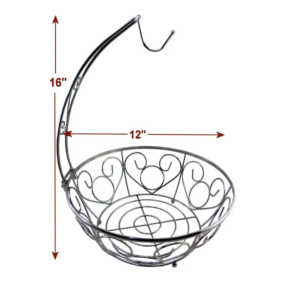 Premium Heavy-Duty Metal Fruit Bowl Basket with Banana Hanger • Chrome Finish